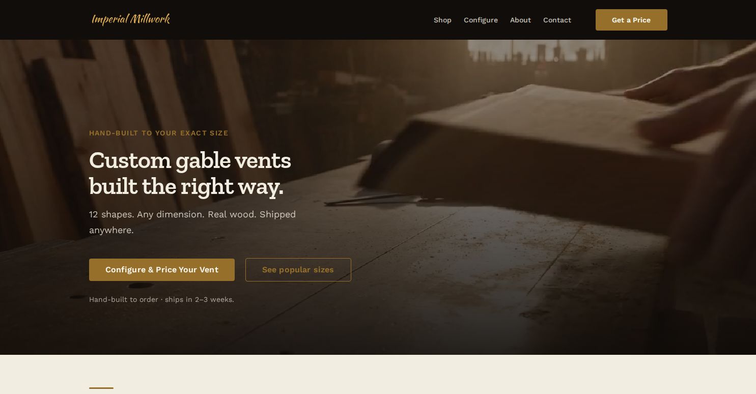 Screenshot of the Imperial Millwork website: custom gable vents built to your exact size